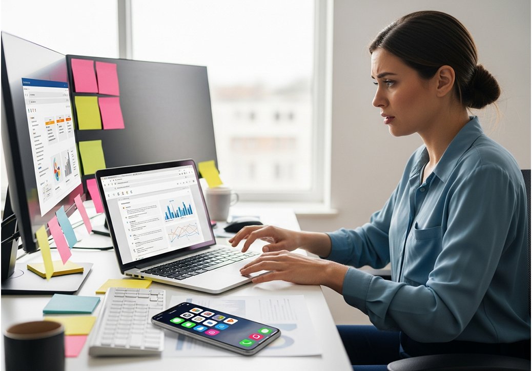 Девушка за кучей работы